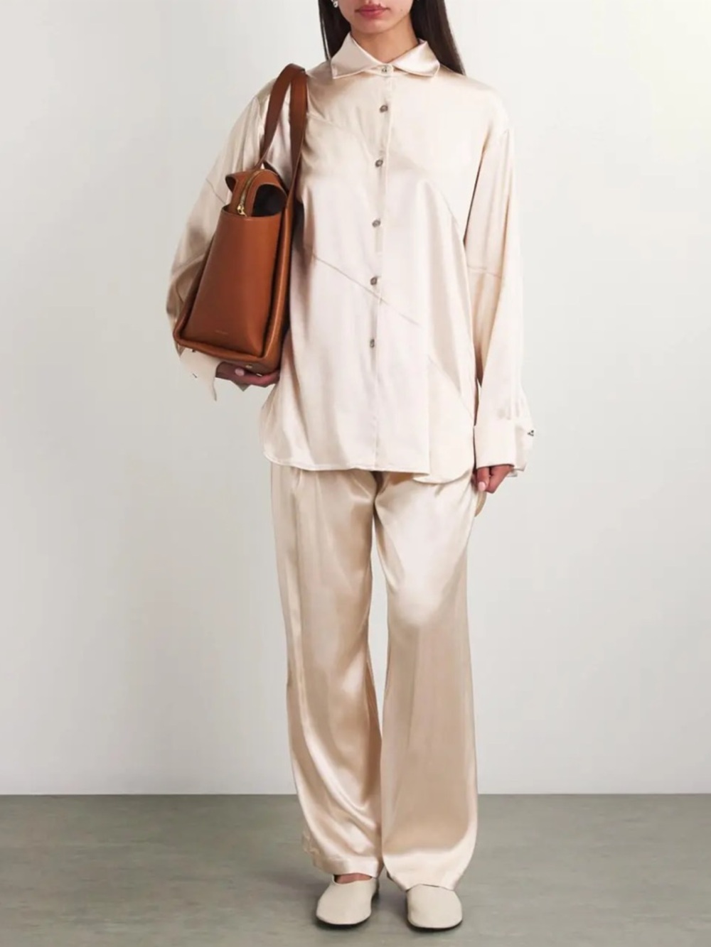 Aeron Abigail Satin Oversized Button-Up Shirt in Silver / shiny Crème
